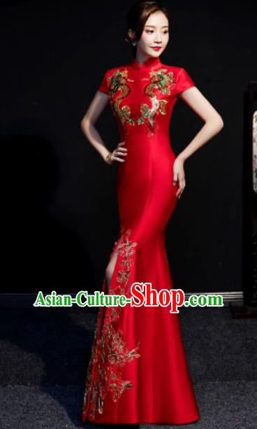 Chinese Compere National Embroidered Red Qipao Dress Traditional Cheongsam Costume for Women Chinese Compere National Embroidered Red Qipao Dress Traditional Cheongsam Costume for Women