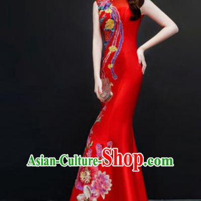 Chinese National Embroidered Red Qipao Dress Traditional Compere Cheongsam Costume for Women