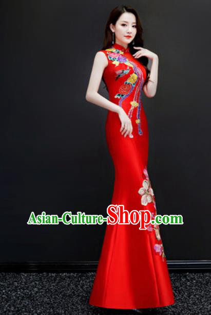 Chinese National Embroidered Red Qipao Dress Traditional Compere Cheongsam Costume for Women Chinese National Embroidered Red Qipao Dress Traditional Compere Cheongsam Costume for Women
