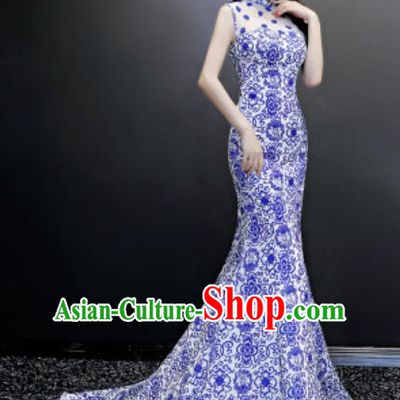 Chinese National Blue Printing Trailing Qipao Dress Traditional Compere Cheongsam Costume for Women