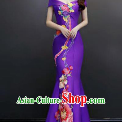 Top Compere Embroidered Purple Flat Shoulder Full Dress Evening Party Costume for Women