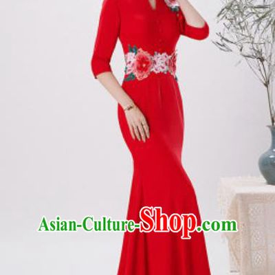 Chinese Compere National Embroidered Peony Red Qipao Dress Traditional Cheongsam Costume for Women