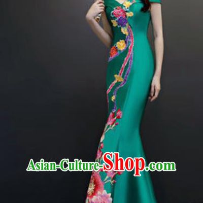 Top Compere Embroidered Green Flat Shoulder Full Dress Evening Party Costume for Women