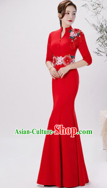 Chinese Compere National Embroidered Peony Red Qipao Dress Traditional Cheongsam Costume for Women Chinese Compere National Embroidered Peony Red Qipao Dress Traditional Cheongsam Costume for Women