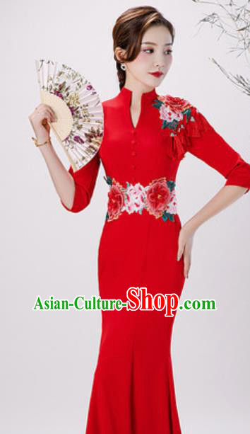 Chinese Compere National Embroidered Peony Red Qipao Dress Traditional Cheongsam Costume for Women Chinese Compere National Embroidered Peony Red Qipao Dress Traditional Cheongsam Costume for Women