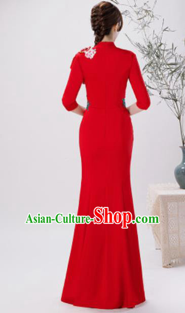 Chinese Compere National Embroidered Peony Red Qipao Dress Traditional Cheongsam Costume for Women Chinese Compere National Embroidered Peony Red Qipao Dress Traditional Cheongsam Costume for Women