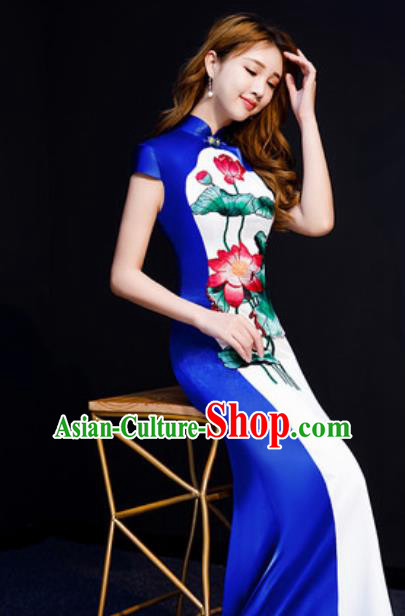 Chinese National Embroidered Lotus Qipao Dress Traditional Compere Cheongsam Costume for Women Chinese National Embroidered Lotus Qipao Dress Traditional Compere Cheongsam Costume for Women