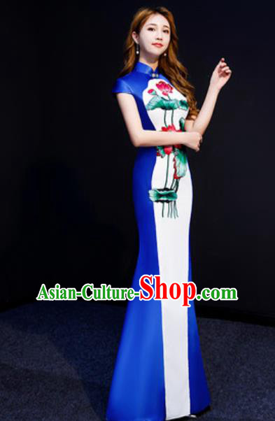 Chinese National Embroidered Lotus Qipao Dress Traditional Compere Cheongsam Costume for Women Chinese National Embroidered Lotus Qipao Dress Traditional Compere Cheongsam Costume for Women