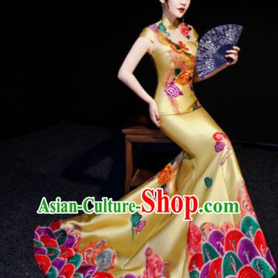 Chinese National Embroidered Phoenix Trailing Golden Qipao Dress Traditional Compere Cheongsam Costume for Women