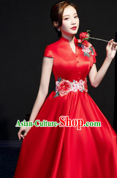 Chinese Compere National Red Qipao Dress Traditional Embroidered Peony Cheongsam Costume for Women Chinese Compere National Red Qipao Dress Traditional Embroidered Peony Cheongsam Costume for Women