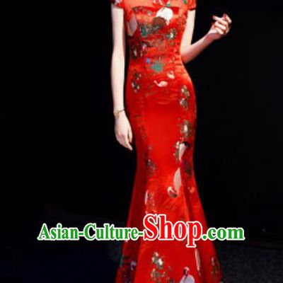 Chinese National Printing Crane Red Brocade Qipao Dress Traditional Compere Cheongsam Costume for Women