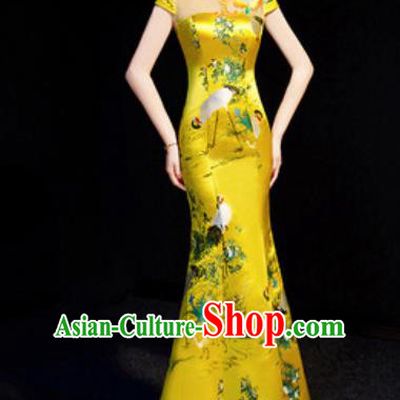 Chinese National Printing Crane Golden Brocade Qipao Dress Traditional Compere Cheongsam Costume for Women
