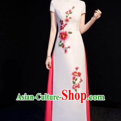 Chinese National Embroidered Peach Blossom White Qipao Dress Traditional Compere Cheongsam Costume for Women