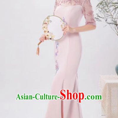 Chinese Compere National Embroidered Pink Qipao Dress Traditional Cheongsam Costume for Women