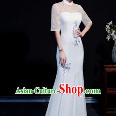 Chinese Compere National White Qipao Dress Traditional Cheongsam Costume for Women