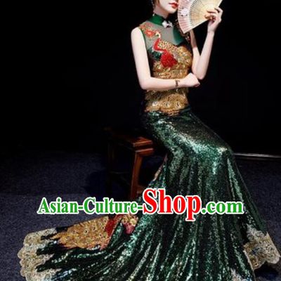 Chinese National Embroidered Peacock Atrovirens Trailing Qipao Dress Traditional Compere Cheongsam Costume for Women