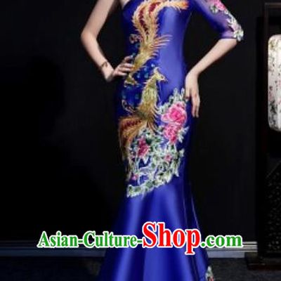 Chinese Compere National Embroidered Phoenix Peony Royalblue Fishtail Full Dress Traditional Cheongsam Costume for Women