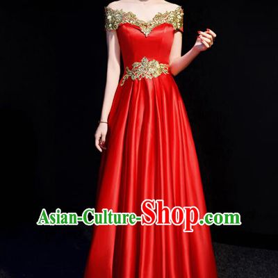 Top Compere Red Flat Shoulder Full Dress Evening Party Costume for Women