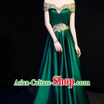 Top Compere Green Flat Shoulder Full Dress Evening Party Costume for Women