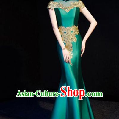 Chinese Traditional Bride Embroidered Green Qipao Dress Spring Festival Gala Compere Cheongsam Costume for Women