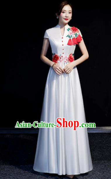 Chinese Compere Embroidered Peony White Full Dress Traditional National Cheongsam Costume for Women Chinese Compere Embroidered Peony White Full Dress Traditional National Cheongsam Costume for Women