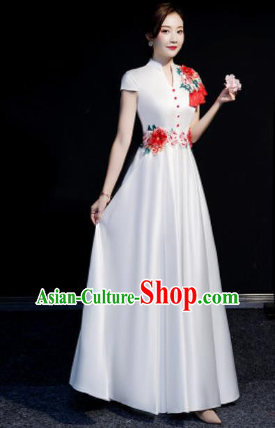 Chinese Compere Embroidered Peony White Full Dress Traditional National Cheongsam Costume for Women Chinese Compere Embroidered Peony White Full Dress Traditional National Cheongsam Costume for Women