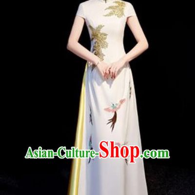Chinese National Embroidered Birds White Qipao Dress Traditional Compere Cheongsam Costume for Women