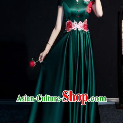 Chinese Compere Embroidered Peony Atrovirens Full Dress Traditional National Cheongsam Costume for Women