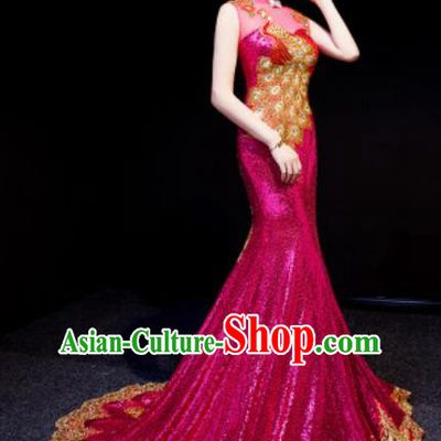 Chinese National Embroidered Peacock Rosy Trailing Qipao Dress Traditional Compere Cheongsam Costume for Women