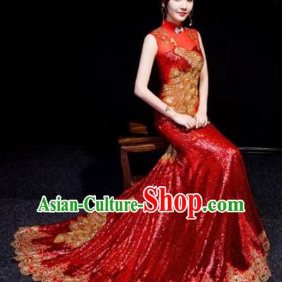 Chinese National Embroidered Peacock Red Trailing Qipao Dress Traditional Compere Cheongsam Costume for Women