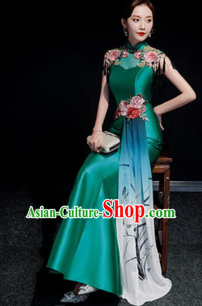 Chinese National Embroidered Green Qipao Dress Traditional Compere Cheongsam Costume for Women