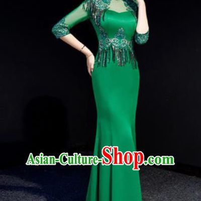 Chinese Compere Green Tassel Full Dress Traditional National Cheongsam Chorus Costume for Women