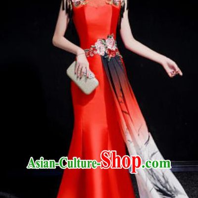 Chinese National Embroidered Red Qipao Dress Traditional Compere Cheongsam Costume for Women