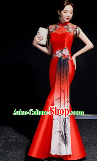 Chinese National Embroidered Red Qipao Dress Traditional Compere Cheongsam Costume for Women Chinese National Embroidered Red Qipao Dress Traditional Compere Cheongsam Costume for Women