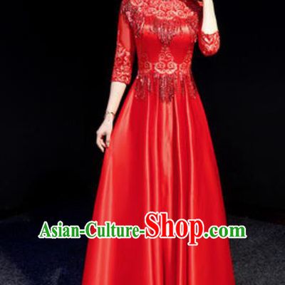 Chinese Chorus Red Tassel Full Dress Traditional National Compere Cheongsam Costume for Women
