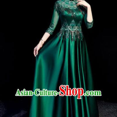 Chinese Chorus Atrovirens Tassel Full Dress Traditional National Compere Cheongsam Costume for Women