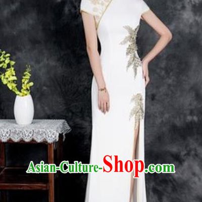 Chinese Chorus White Full Dress Traditional National Compere Cheongsam Costume for Women