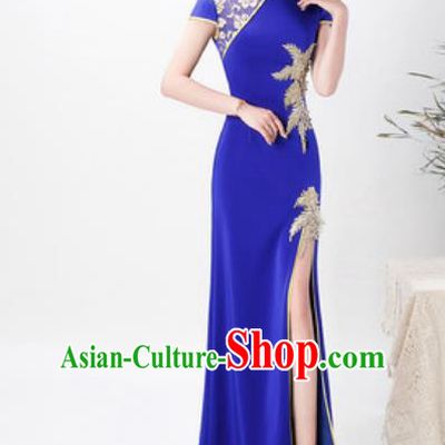 Chinese Chorus Royalblue Full Dress Traditional National Compere Cheongsam Costume for Women