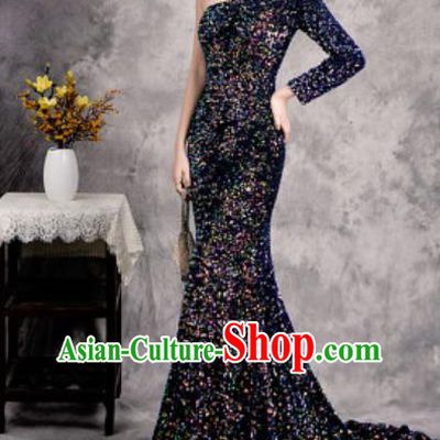 Top Compere Navy Single Shoulder Full Dress Evening Party Costume for Women