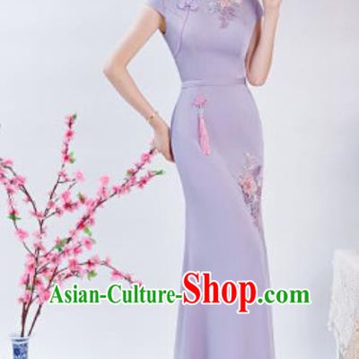 Chinese Chorus Embroidered Peony Lilac Qipao Dress Traditional National Compere Cheongsam Costume for Women