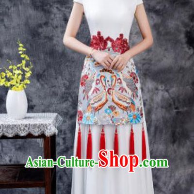 Chinese Chorus Printing White Chiffon Qipao Dress Traditional National Compere Cheongsam Costume for Women