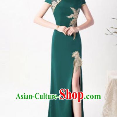 Chinese Chorus Atrovirens Full Dress Traditional National Compere Cheongsam Costume for Women