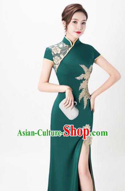 Chinese Chorus Atrovirens Full Dress Traditional National Compere Cheongsam Costume for Women Chinese Chorus Atrovirens Full Dress Traditional National Compere Cheongsam Costume for Women