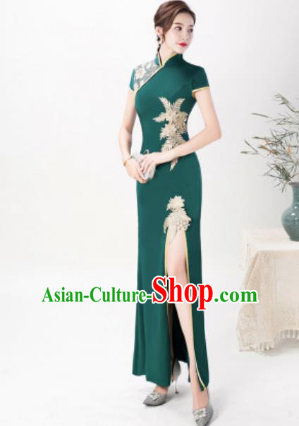Chinese Chorus Atrovirens Full Dress Traditional National Compere Cheongsam Costume for Women Chinese Chorus Atrovirens Full Dress Traditional National Compere Cheongsam Costume for Women