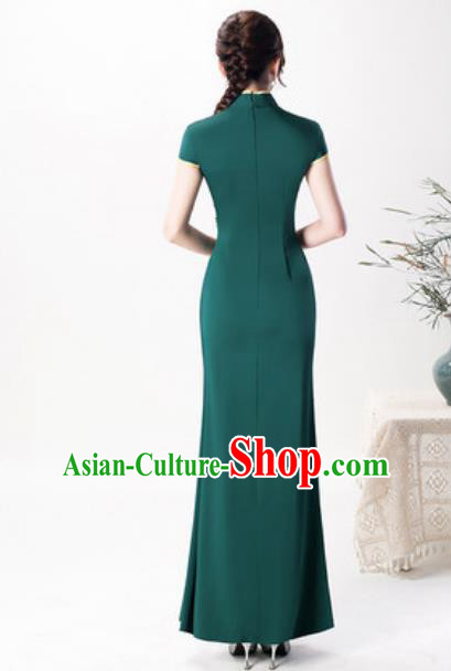 Chinese Chorus Atrovirens Full Dress Traditional National Compere Cheongsam Costume for Women Chinese Chorus Atrovirens Full Dress Traditional National Compere Cheongsam Costume for Women
