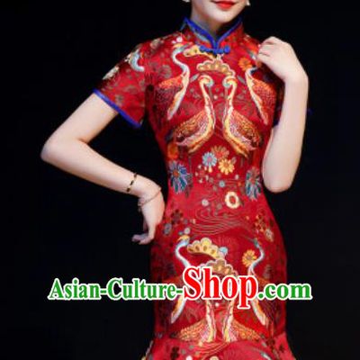 Chinese Chorus Red Brocade Short Qipao Dress Traditional National Compere Cheongsam Costume for Women
