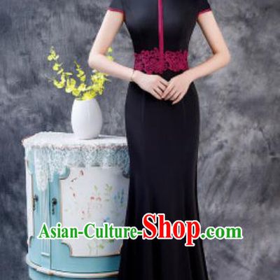 Chinese Chorus Black Full Dress Traditional National Compere Cheongsam Costume for Women