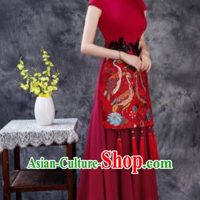 Chinese Chorus Printing Wine Red Chiffon Full Dress Traditional National Compere Cheongsam Costume for Women