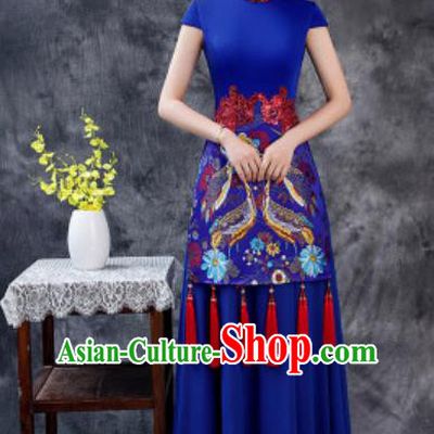 Chinese Chorus Printing Royalblue Chiffon Full Dress Traditional National Compere Cheongsam Costume for Women