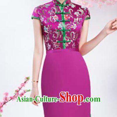 Chinese Chorus Purple Short Qipao Dress Traditional National Compere Cheongsam Costume for Women